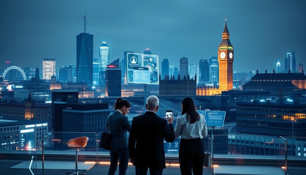 a-bustling-city-skyline-of-london,-with-the-iconic-Big-ben-and-tower-bridge-in-the-background A dynamic digital transformation is happening. Holographic interfaces and AI-powered automation are at the center. A team from Solvix Digital works together on these cutting-edge technologies. The scene glows with cool, futuristic lights. This creates a feeling of progress and innovation. Sleek, minimalist offices mix with tall skyscrapers. They show how technology fits into the UK's business scene. The atmosphere feels lively. The country is fully embracing the digital revolution.