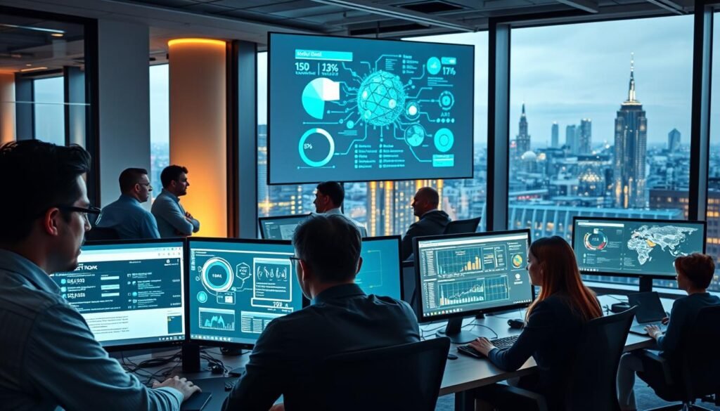 A bustling office scene in the heart of London, UK. Solvix Digital's team works together on the latest AI business solutions. Their screens light up the modern, sleek workspace. An analyst studies machine learning algorithms in the foreground. Meanwhile, colleagues chat about data insights shown on a big wall display. Engineers in the middle ground adjust neural networks. Monitors glow, casting a warm light. The city's iconic skyline shows through the floor-to-ceiling windows. This view highlights how AI technology is changing UK businesses.
