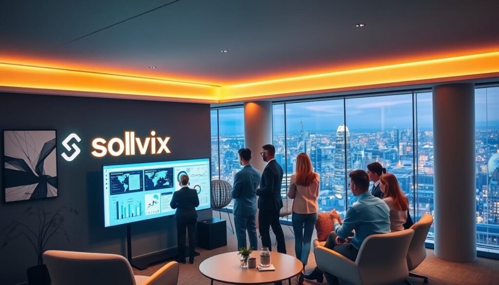 a-sleek-modern-office-setting-with-a-team-of-business-professionals-collaborating-on-a-tech-strategy-implementation-plan-for-uk-enterprises Solvix Digital's logo prominently displayed on the wall, illuminated by warm, directional lighting. A team stood around a big touchscreen. They looked at data visualizations and talked about plans. The middle ground has ergonomic furniture, abstract art and a lively energy. The background shows a wide view of a lively city. It highlights the UK's busy tech hub. The overall atmosphere conveys a balance of innovation, strategy and professionalism.