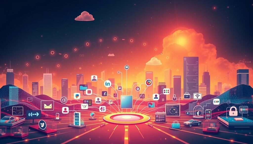 A vibrant and dynamic digital marketing landscape, featuring a central hub of interconnected strategies. In the foreground, a sleek, modern interface showcases various digital channels - social media, search engine optimization, email marketing, and content creation. The middle ground depicts a network of data analytics, customer segmentation, and targeted advertising, all working in harmony. In the background, a backdrop of futuristic technology, including AI-powered algorithms and cloud-based platforms, sets the stage for a cutting-edge digital marketing ecosystem. Warm, saturated lighting illuminates the scene, conveying a sense of innovation and progress. The overall composition suggests a comprehensive, integrated approach to modern digital marketing strategies.