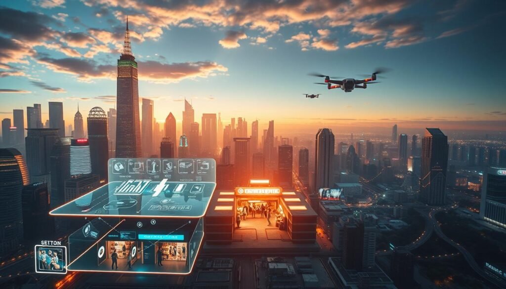 A vast digital cityscape, its towering skyscrapers and gleaming towers emblematic of the transformation from traditional to digital commerce. In the foreground, a holographic display showcases the evolution of online shopping, ecommerce platforms, and mobile transactions, bathed in a warm, ambient glow. The middle ground features a bustling hub of digital marketplaces, with shoppers navigating virtual storefronts and engaging with immersive experiences. The background depicts a futuristic landscape, where autonomous delivery drones and advanced logistics systems symbolize the seamless integration of the physical and digital realms. An overall atmosphere of innovation, connectivity, and the boundless potential of the digital age.